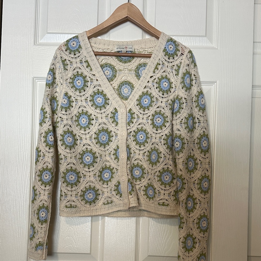 Crochet Floral V-Neck Cardigan Sweater - Cream with Blue & Green